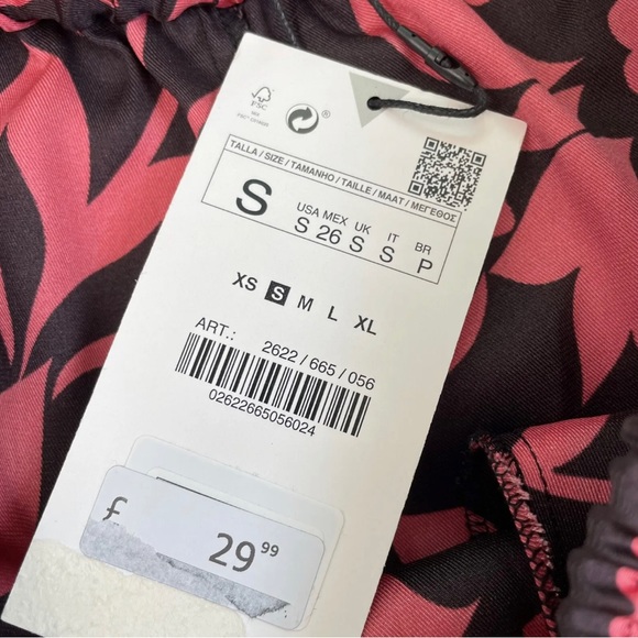 ZARA Wide Leg Satin Culottes Size S Elastic Waist Pink Black Floral Crop - Picture 5 of 5